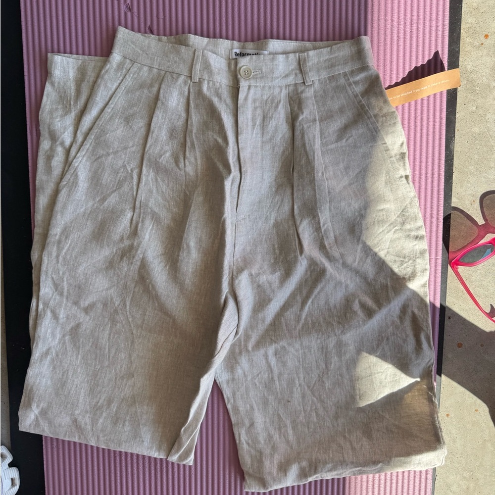 REFORMATION Beige Linen Pleated Pants